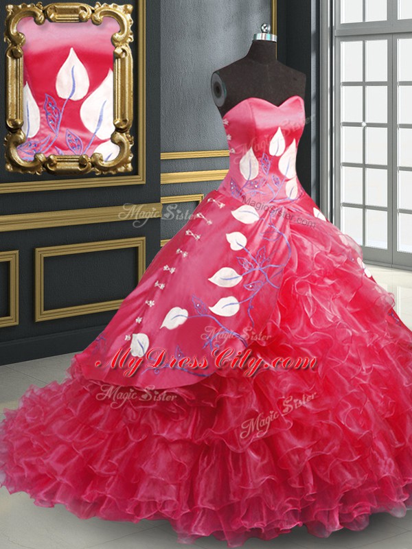 Coral Red Vestidos de Quinceanera Organza Brush Train Sleeveless Embroidery and Ruffled Layers