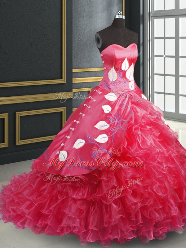 Coral Red Vestidos de Quinceanera Organza Brush Train Sleeveless Embroidery and Ruffled Layers