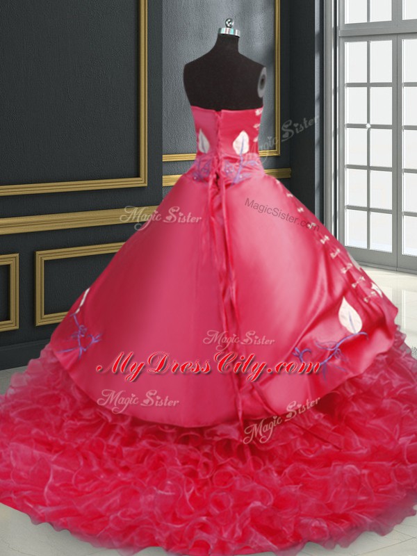 Coral Red Vestidos de Quinceanera Organza Brush Train Sleeveless Embroidery and Ruffled Layers