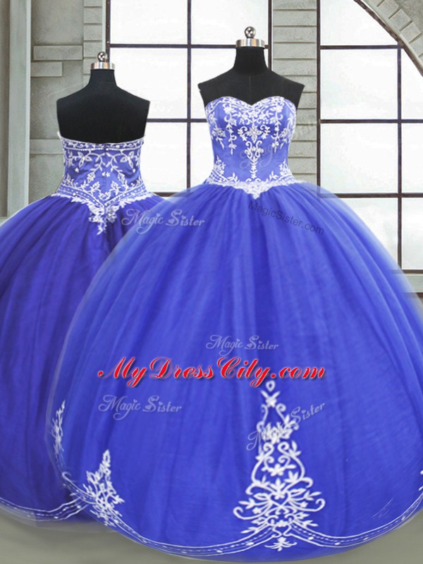 High End Blue Sweetheart Neckline Appliques Sweet 16 Quinceanera Dress Sleeveless Lace Up