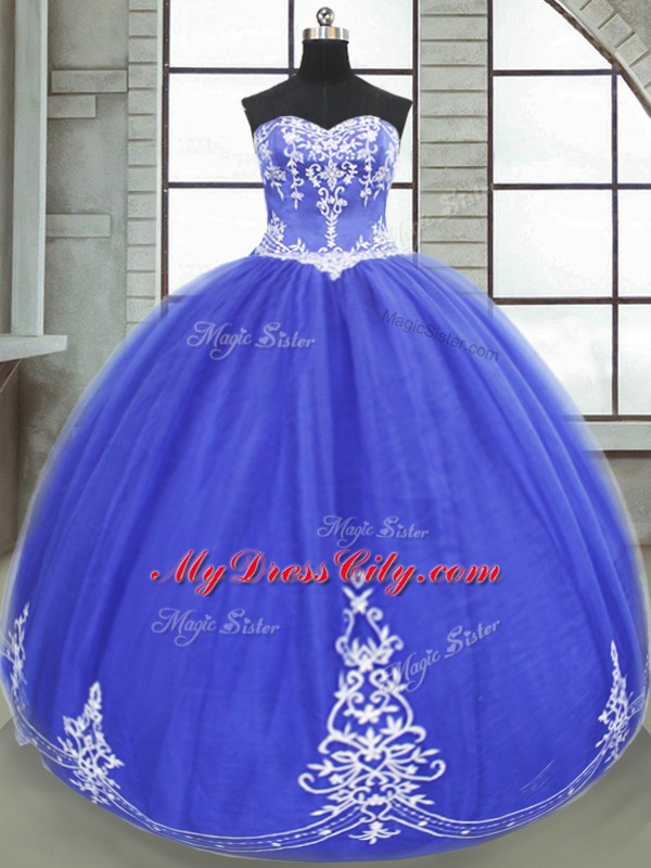 High End Blue Sweetheart Neckline Appliques Sweet 16 Quinceanera Dress Sleeveless Lace Up