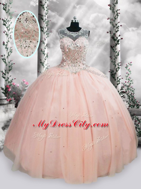 Tulle Scoop Sleeveless Lace Up Beading and Sequins Quinceanera Dress in Pink