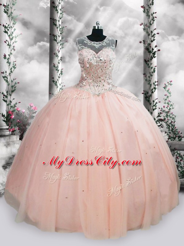 Tulle Scoop Sleeveless Lace Up Beading and Sequins Quinceanera Dress in Pink