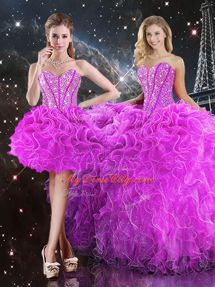 Fuchsia Sweetheart Neckline Beading and Ruffles Sweet 16 Dress Sleeveless Lace Up