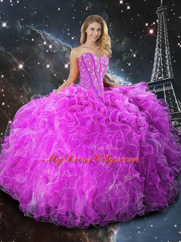 Fuchsia Sweetheart Neckline Beading and Ruffles Sweet 16 Dress Sleeveless Lace Up