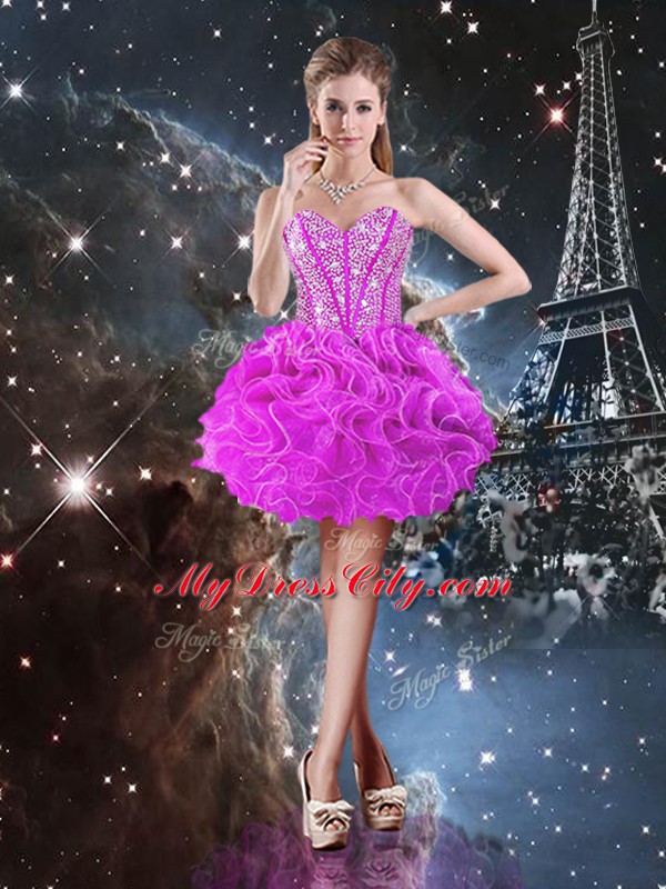 Fuchsia Sweetheart Neckline Beading and Ruffles Sweet 16 Dress Sleeveless Lace Up