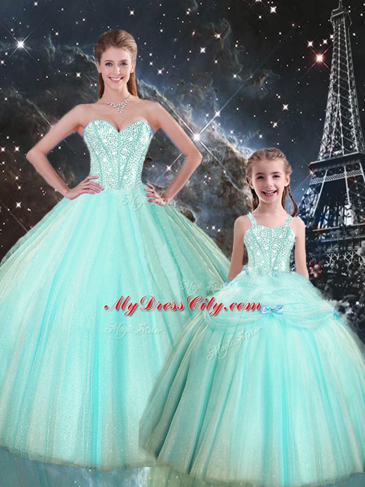 Low Price Ball Gowns Quinceanera Dress Turquoise Sweetheart Tulle Sleeveless Floor Length Lace Up