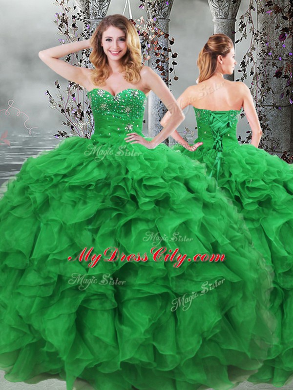 Shining Ball Gowns 15th Birthday Dress Green Sweetheart Organza Sleeveless Floor Length Lace Up