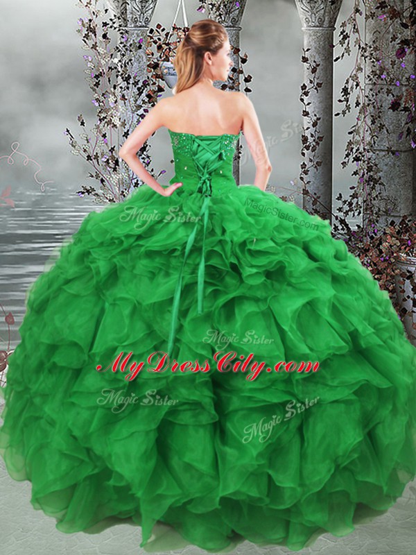 Shining Ball Gowns 15th Birthday Dress Green Sweetheart Organza Sleeveless Floor Length Lace Up