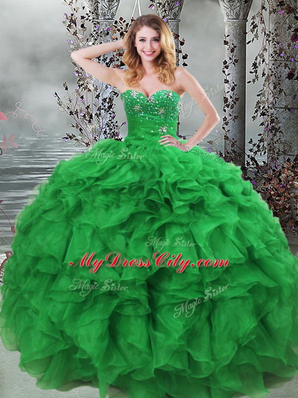 Shining Ball Gowns 15th Birthday Dress Green Sweetheart Organza Sleeveless Floor Length Lace Up