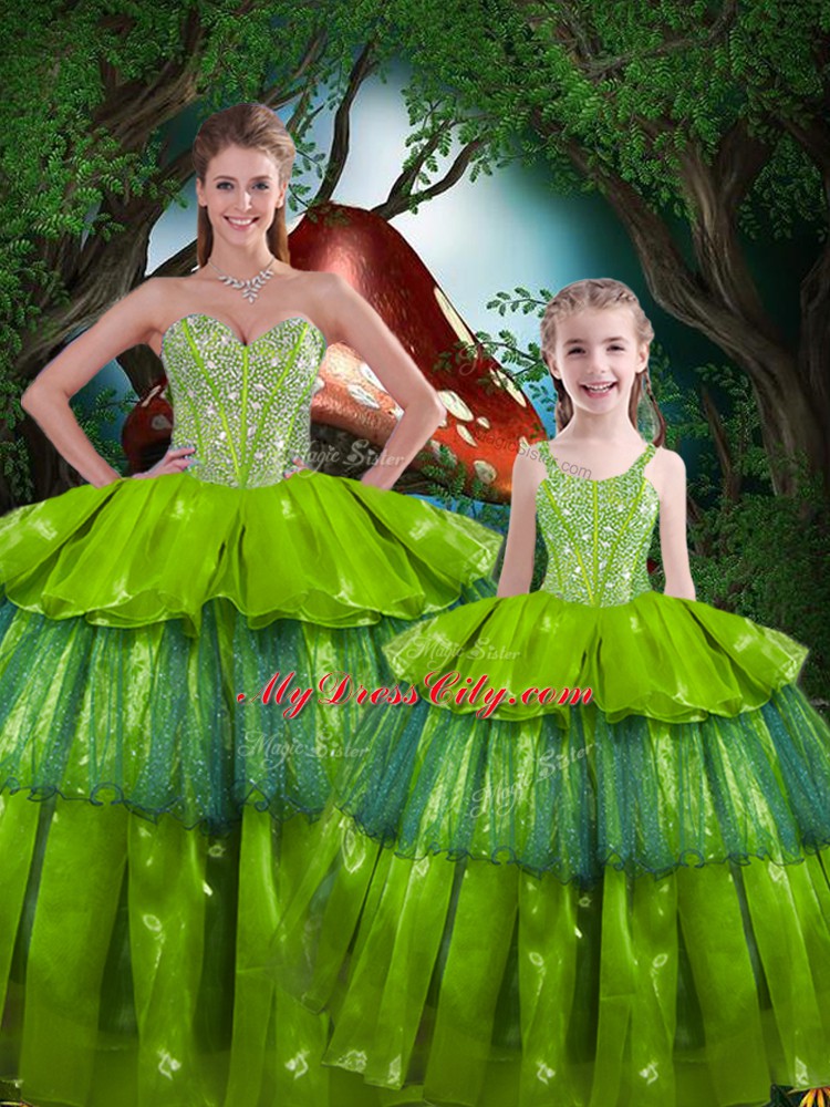 Olive Green Organza Lace Up Quinceanera Gowns Sleeveless Floor Length Beading and Ruffled Layers