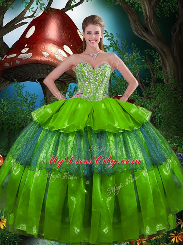 Olive Green Organza Lace Up Quinceanera Gowns Sleeveless Floor Length Beading and Ruffled Layers