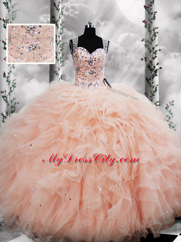 Hot Selling Tulle Straps Sleeveless Lace Up Beading and Ruffles Sweet 16 Dresses in Peach