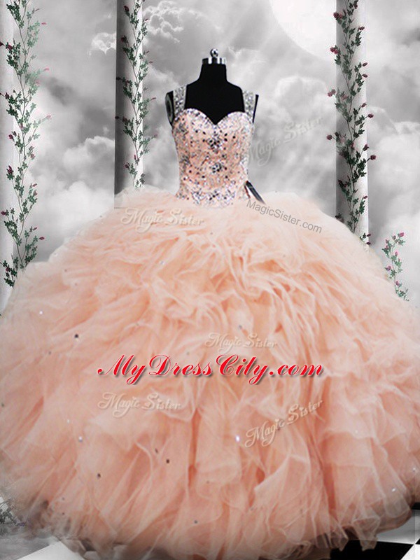 Hot Selling Tulle Straps Sleeveless Lace Up Beading and Ruffles Sweet 16 Dresses in Peach