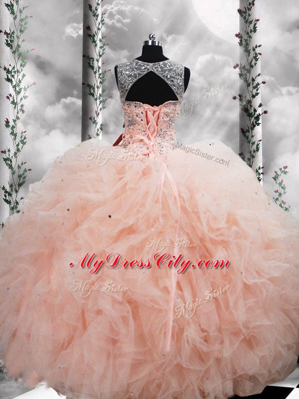 Hot Selling Tulle Straps Sleeveless Lace Up Beading and Ruffles Sweet 16 Dresses in Peach