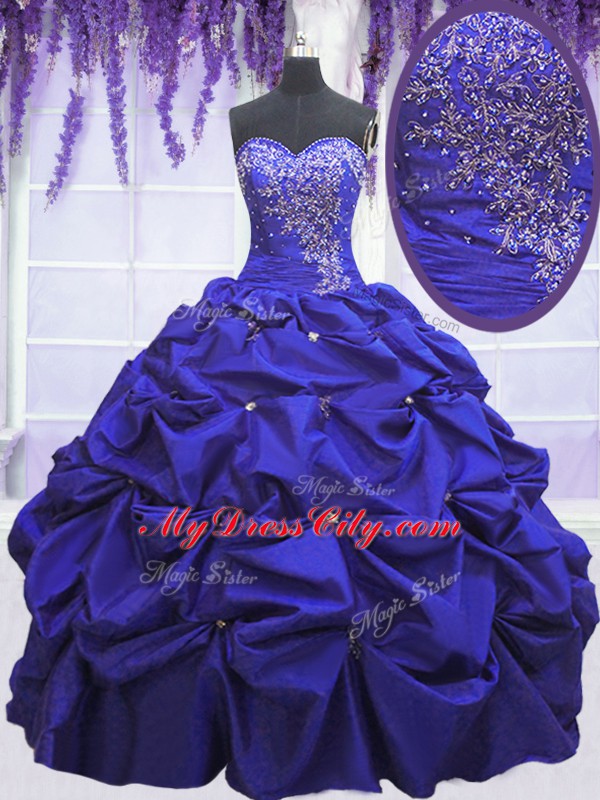 Floor Length Lace Up Ball Gown Prom Dress Navy Blue for Military Ball and Sweet 16 and Quinceanera with Beading and Pick Ups