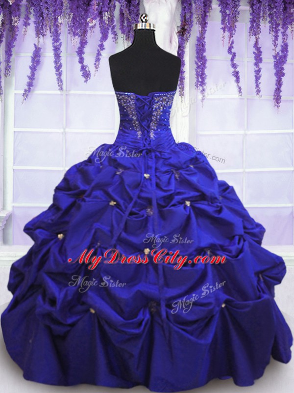 Floor Length Lace Up Ball Gown Prom Dress Navy Blue for Military Ball and Sweet 16 and Quinceanera with Beading and Pick Ups