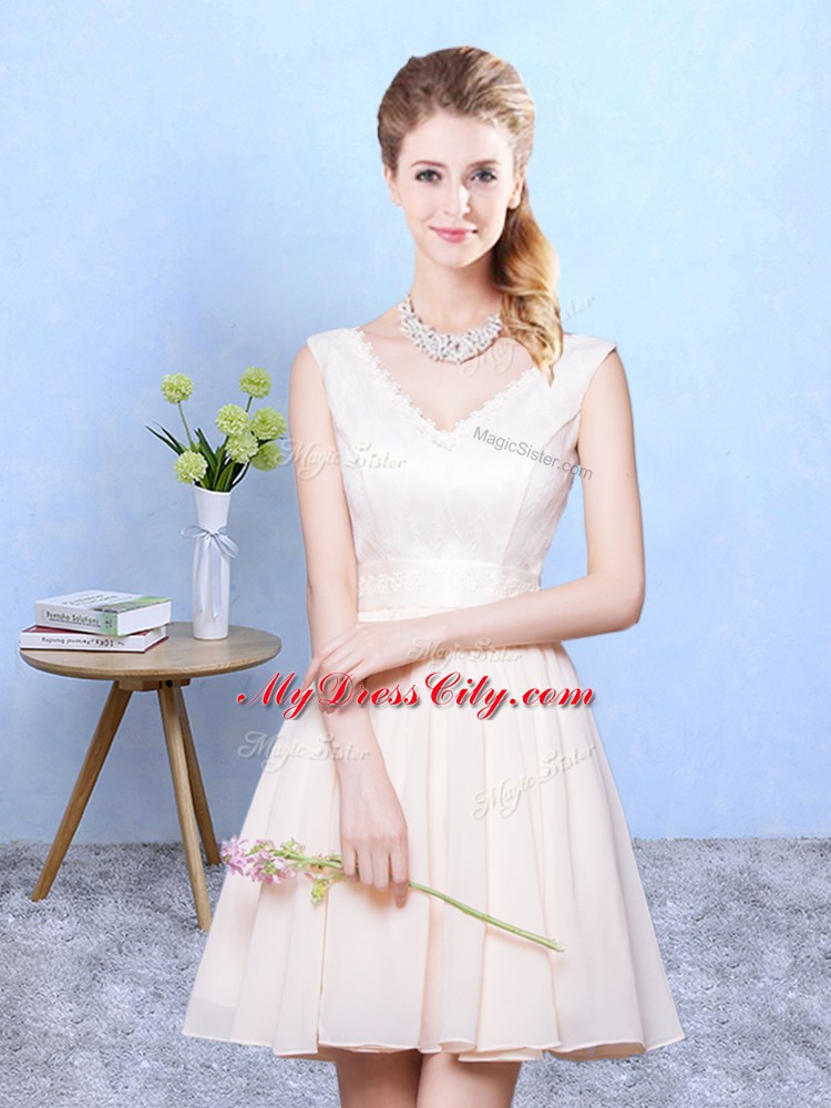 V-neck Sleeveless Court Dresses for Sweet 16 Knee Length Ruching Champagne Chiffon