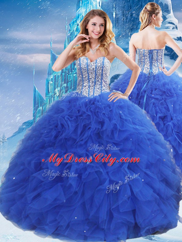 Amazing Sweetheart Sleeveless Organza Ball Gown Prom Dress Beading and Ruffles and Sequins Lace Up