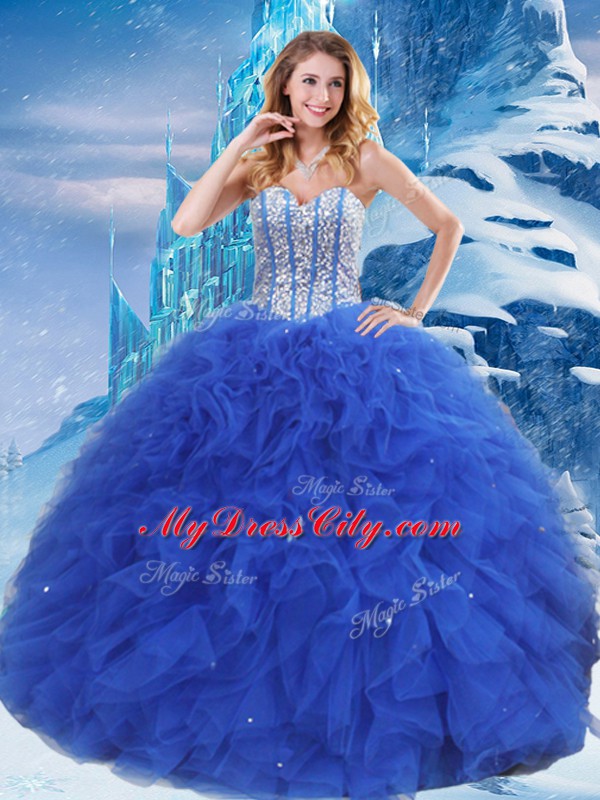 Amazing Sweetheart Sleeveless Organza Ball Gown Prom Dress Beading and Ruffles and Sequins Lace Up