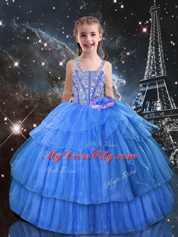 Elegant Organza Sleeveless Floor Length Little Girls Pageant Gowns and Beading and Ruffled Layers