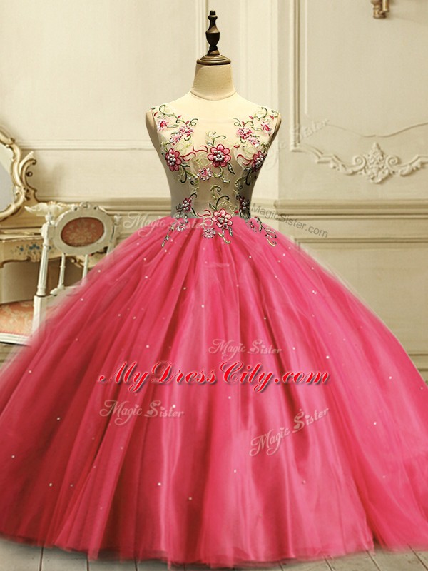 Coral Red Ball Gowns Tulle Scoop Sleeveless Appliques and Sequins Floor Length Lace Up Quinceanera Gowns