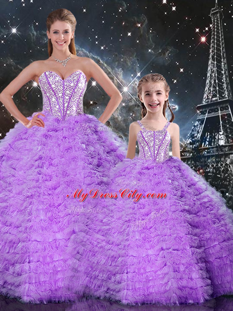 Eye-catching Lavender Ball Gowns Tulle Sweetheart Sleeveless Beading and Ruffles Floor Length Lace Up 15 Quinceanera Dress