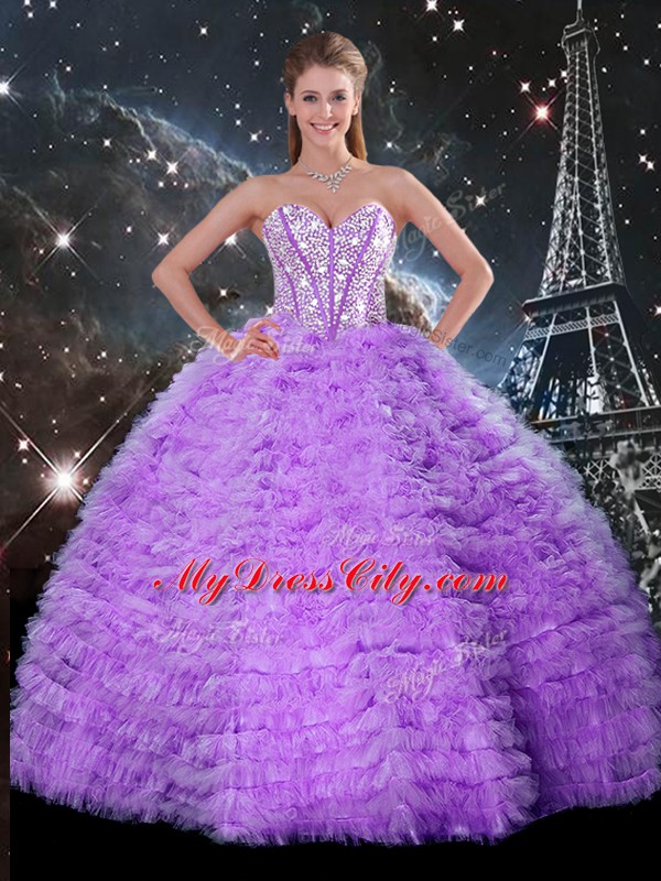 Eye-catching Lavender Ball Gowns Tulle Sweetheart Sleeveless Beading and Ruffles Floor Length Lace Up 15 Quinceanera Dress