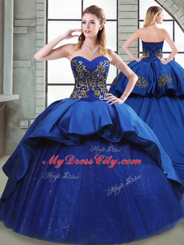 Cheap Blue Lace Up Sweetheart Beading and Appliques and Embroidery Quinceanera Gown Taffeta Sleeveless Court Train