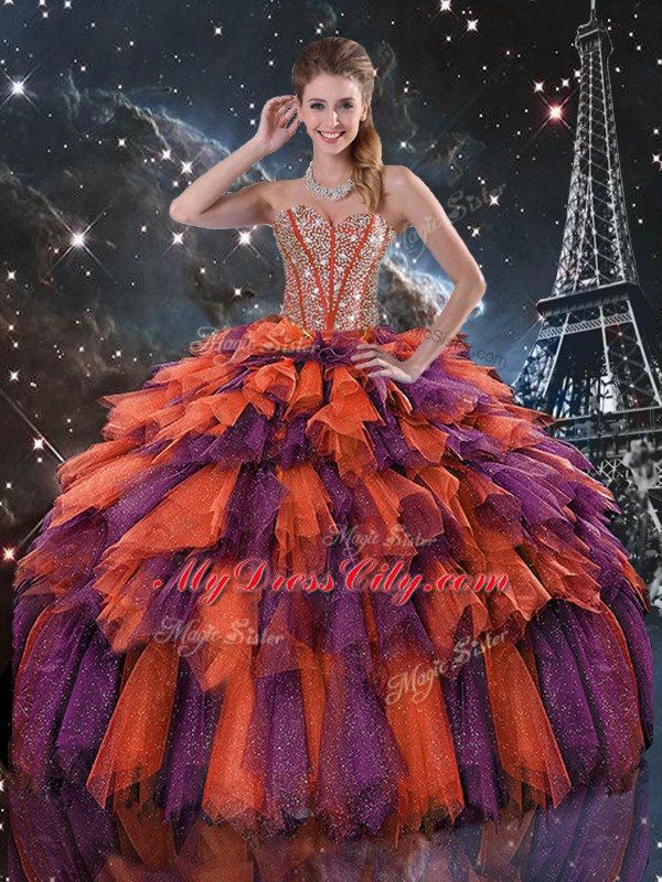 Cheap Multi-color Sweet 16 Quinceanera Dress Military Ball and Sweet 16 and Quinceanera with Beading and Ruffles and Ruffled Layers Sweetheart Sleeveless Lace Up