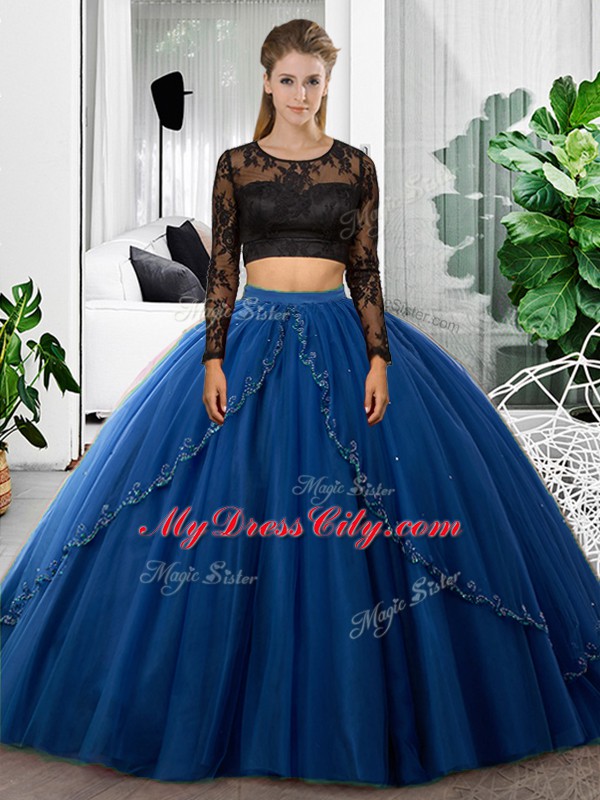 Captivating Blue Two Pieces Lace and Ruching 15 Quinceanera Dress Backless Tulle Long Sleeves Floor Length