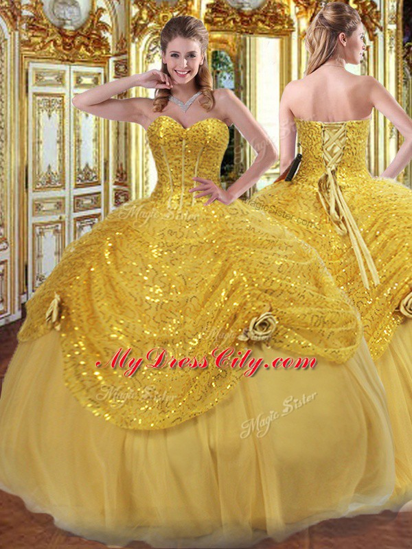 Custom Design Sleeveless Floor Length Pick Ups and Hand Made Flower Lace Up Quince Ball Gowns with Gold