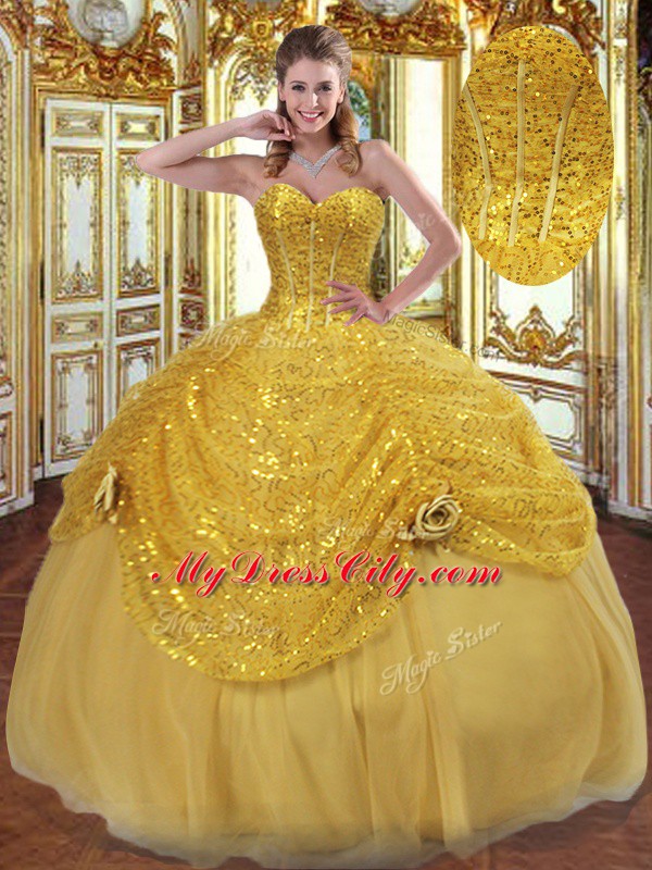 Custom Design Sleeveless Floor Length Pick Ups and Hand Made Flower Lace Up Quince Ball Gowns with Gold