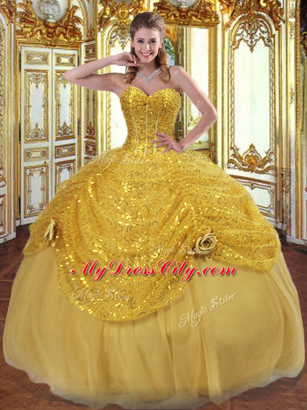 Custom Design Sleeveless Floor Length Pick Ups and Hand Made Flower Lace Up Quince Ball Gowns with Gold