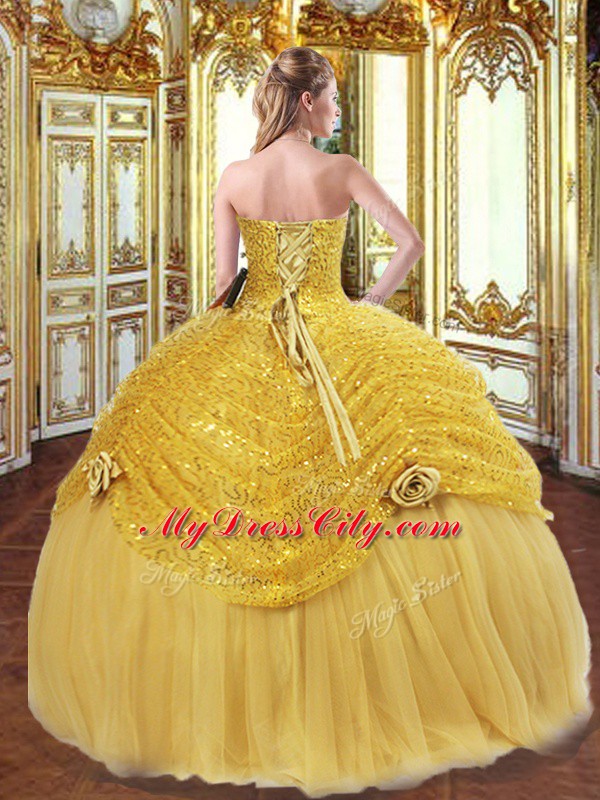 Custom Design Sleeveless Floor Length Pick Ups and Hand Made Flower Lace Up Quince Ball Gowns with Gold