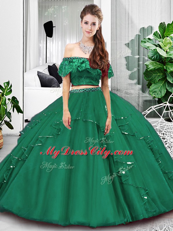 Custom Designed Floor Length Two Pieces Sleeveless Dark Green Quinceanera Gowns Lace Up