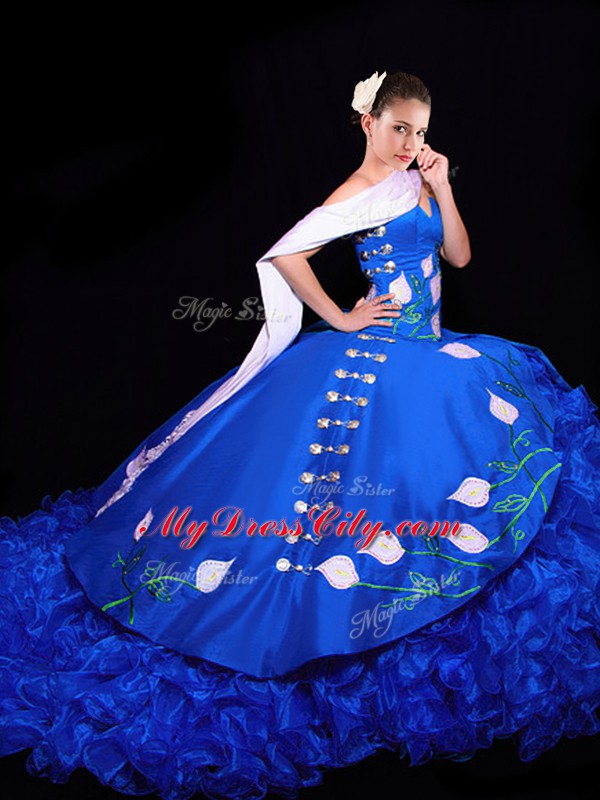 Latest Organza Sleeveless Sweet 16 Quinceanera Dress Brush Train and Embroidery and Ruffles