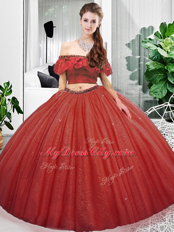 Coral Red Sweet 16 Dresses Military Ball and Sweet 16 and Quinceanera with Lace Off The Shoulder Sleeveless Lace Up