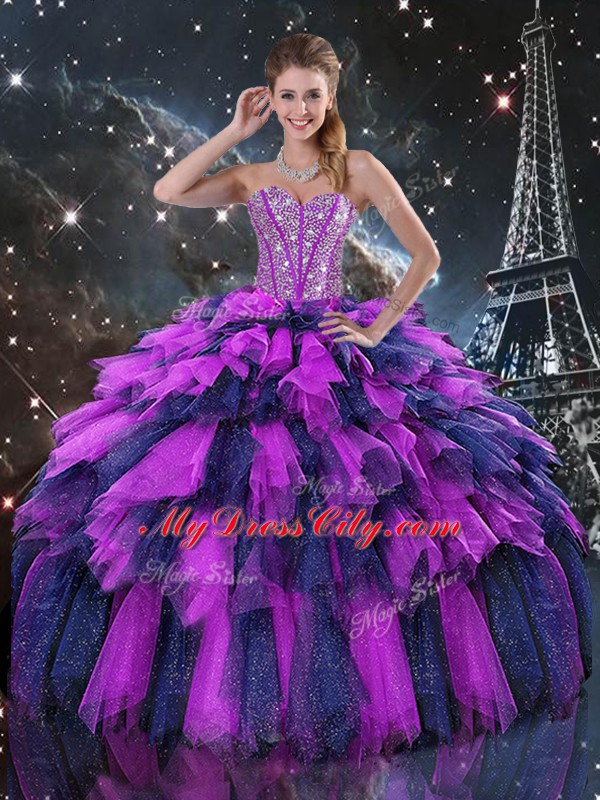 Top Selling Sweetheart Sleeveless Organza Quinceanera Dresses Beading and Ruffles and Ruffled Layers Lace Up