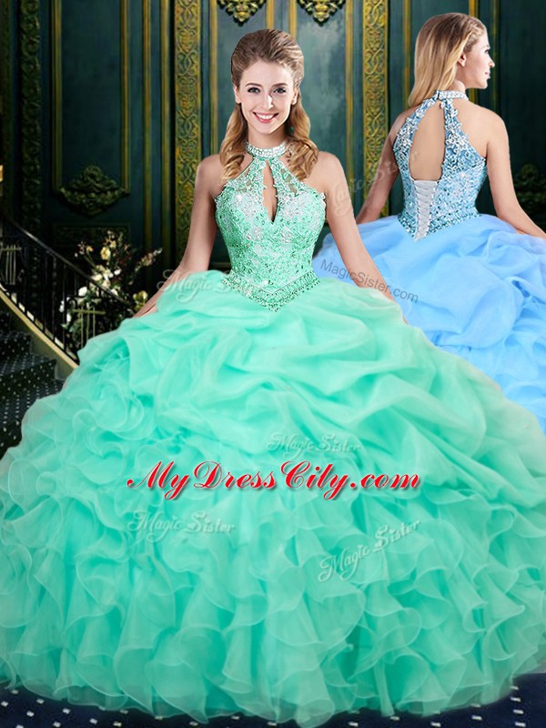 Apple Green Lace Up 15th Birthday Dress Beading and Ruffles and Pick Ups Sleeveless Floor Length