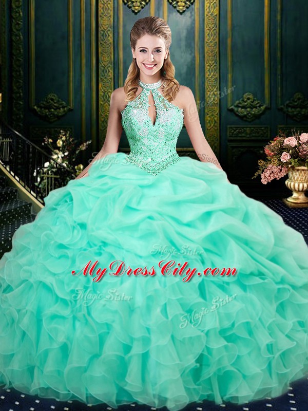 Apple Green Lace Up 15th Birthday Dress Beading and Ruffles and Pick Ups Sleeveless Floor Length