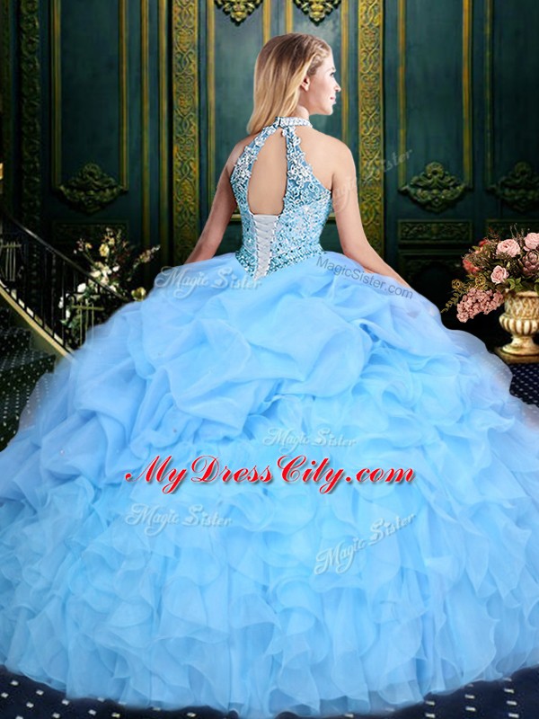 Apple Green Lace Up 15th Birthday Dress Beading and Ruffles and Pick Ups Sleeveless Floor Length