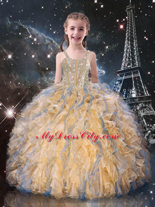 Champagne Lace Up Straps Beading and Ruffles Pageant Dress Toddler Organza Sleeveless