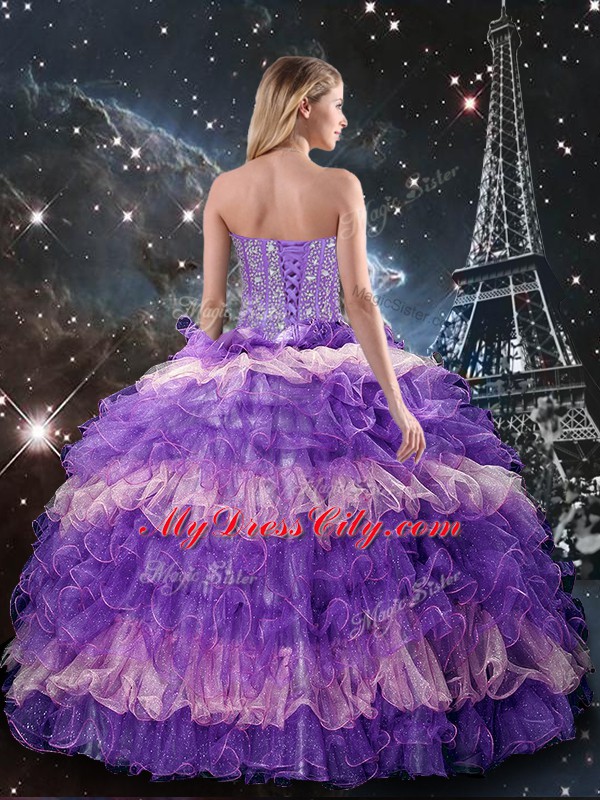 Extravagant Multi-color Sweetheart Neckline Beading and Ruffled Layers Quince Ball Gowns Sleeveless Lace Up