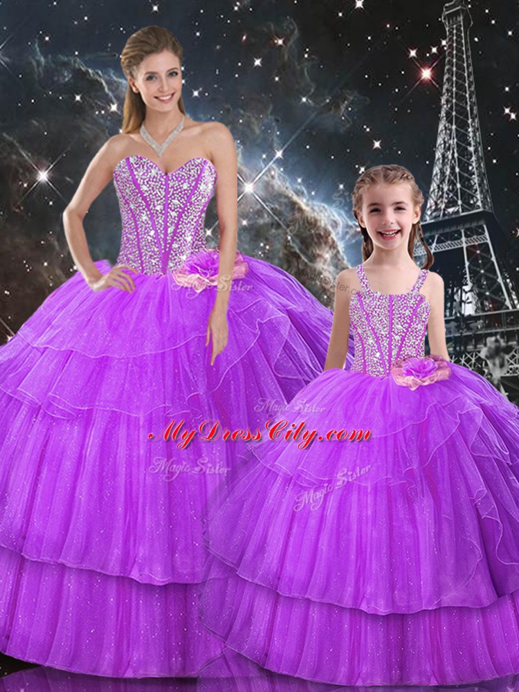 Organza and Tulle Sleeveless Floor Length Quinceanera Gowns and Beading and Ruffled Layers