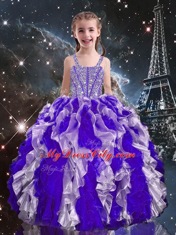 Purple Organza Lace Up Little Girl Pageant Gowns Sleeveless Floor Length Beading and Ruffles