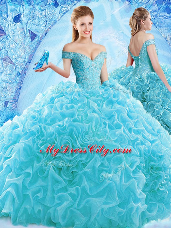 Ruffles and Pick Ups Ball Gown Prom Dress Aqua Blue Lace Up Cap Sleeves Brush Train