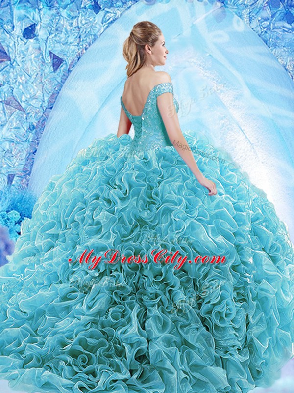 Ruffles and Pick Ups Ball Gown Prom Dress Aqua Blue Lace Up Cap Sleeves Brush Train