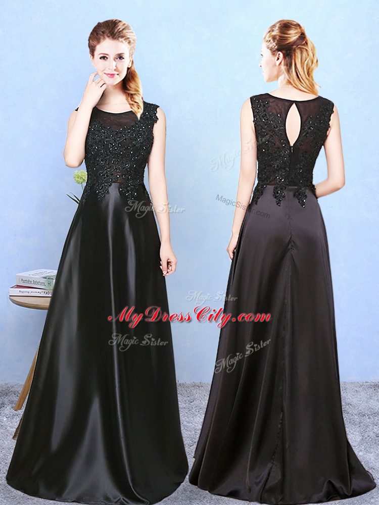 Black Satin Zipper Scoop Sleeveless Floor Length Court Dresses for Sweet 16 Beading