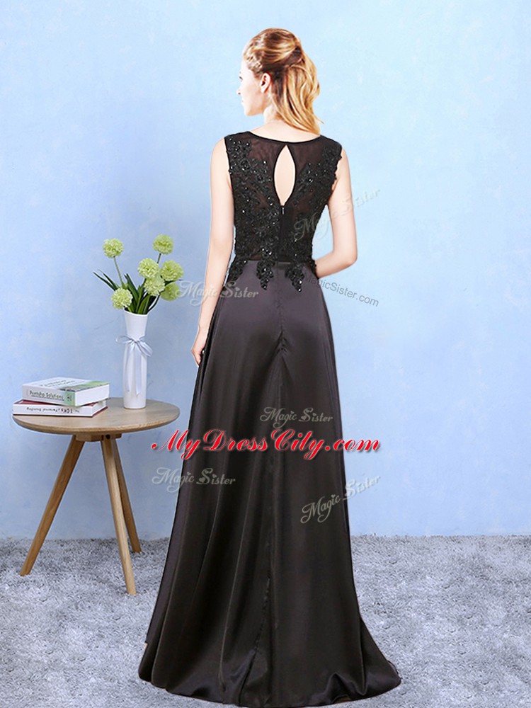 Black Satin Zipper Scoop Sleeveless Floor Length Court Dresses for Sweet 16 Beading